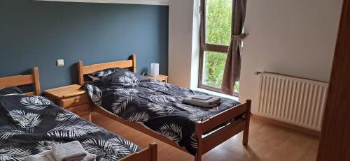 1 dormitorio con 2 camas y ventana en Bonheur à la campagne, en Bastogne