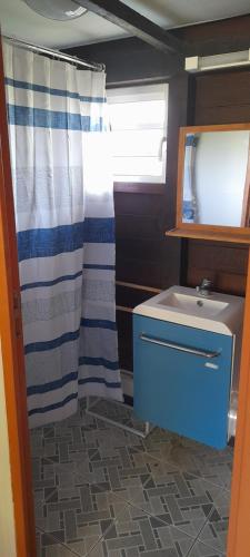 ein Badezimmer mit einem blauen Waschbecken und einem Spiegel in der Unterkunft Fred'lodge in Matoury