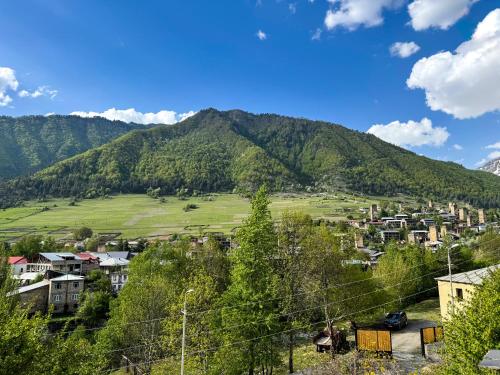 a town in front of a mountain at Mestiakhedi in Mestia