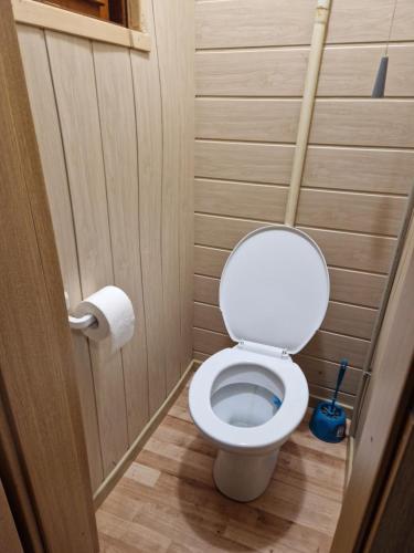 uma pequena casa de banho com um WC e um rolo de papel higiénico em Chata na Poľane em Hriňová