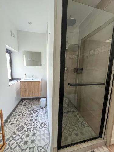 une salle de bain avec douche et lavabo dans l'établissement Gîte de l'orangerie du Château de la Bégude de Mazenc, à La Bégude-de-Mazenc