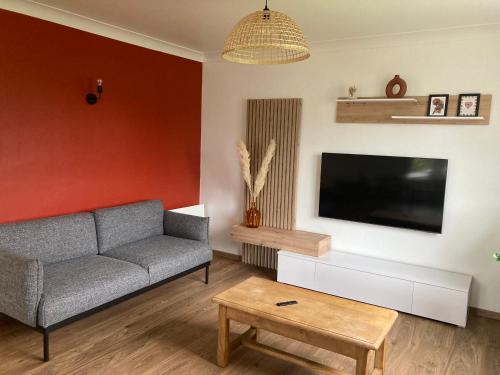 a living room with a couch and a flat screen tv at Gîte le Pic du Ger in Laruns