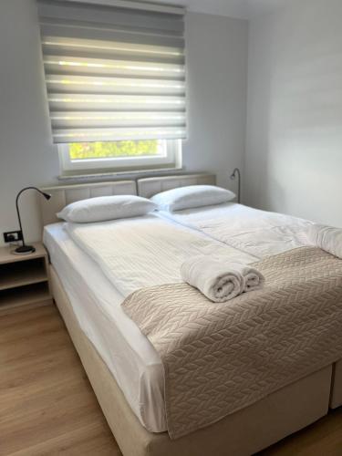 a bedroom with a large bed with a window at Villa ELM in Ankaran