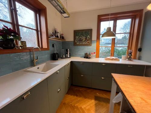 cocina con fregadero y encimera con ventanas en Banken, en Nyhamnsläge
