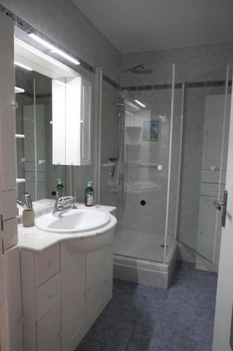 une salle de bain avec un lavabo et une douche dans l'établissement Poziodé, à Courseulles-sur-Mer