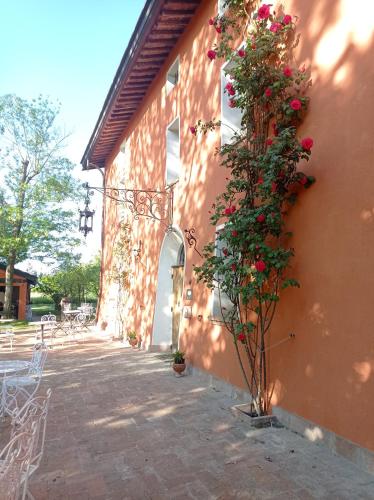 a building with a plant with red roses on it at Tenuta Torre Diana in Mordano