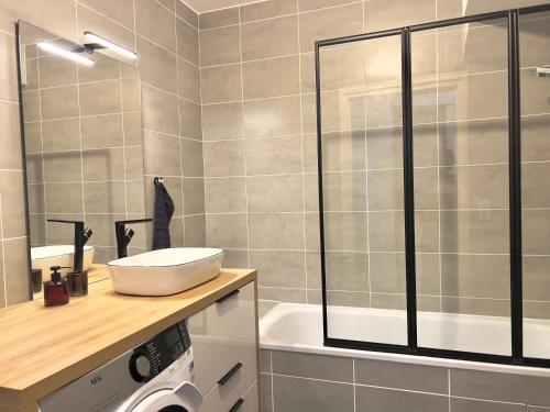 une salle de bain avec un lavabo et une douche dans l'établissement Proche Paris - Appartement 2 chambres cozy et moderne, à Ivry-sur-Seine