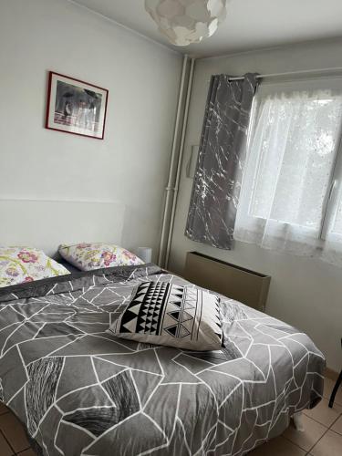 une chambre avec un lit avec un oreiller dessus dans l'établissement Appartement de 80m2 aux portes de Lyon avec ascenseur, balcon, parking, à Saint-Priest