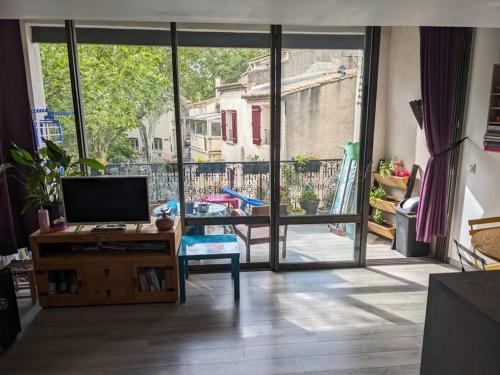 un salon avec une grande fenêtre et une télévision dans l'établissement Jolie maison de village, à Grabels