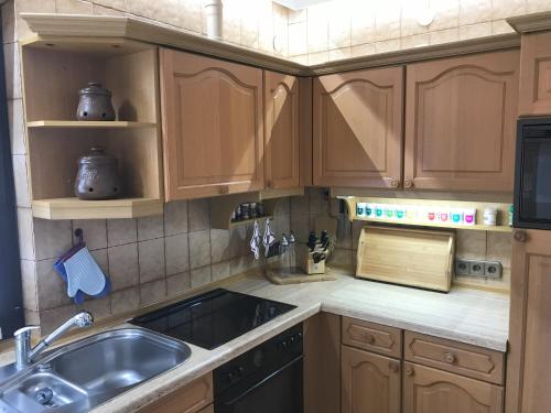 a kitchen with wooden cabinets and a sink at Ferienhaus Gerhard in Hornbach