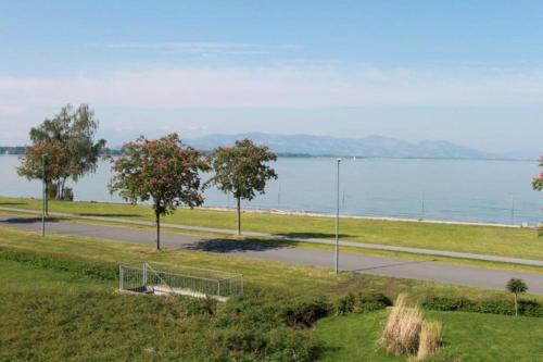 a park with trees and a road next to the water at Kaiserstrand Apartment Bodensee - Lake Constance, Lochau - Bregenz, Austria in Lochau