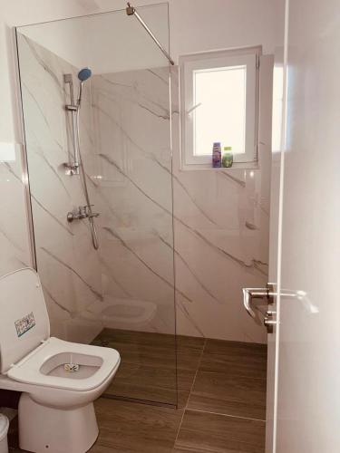 a bathroom with a toilet and a glass shower at Orfeu apartments Ksamil in Ksamil