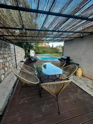 a patio with a table and chairs and a swimming pool at Villa provençale - piscine-calme in Draguignan