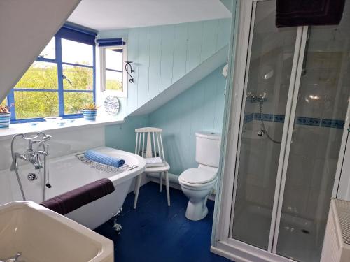 a bathroom with a sink toilet and a shower at Brynifor Llangrannog in Llwyn-Dafydd