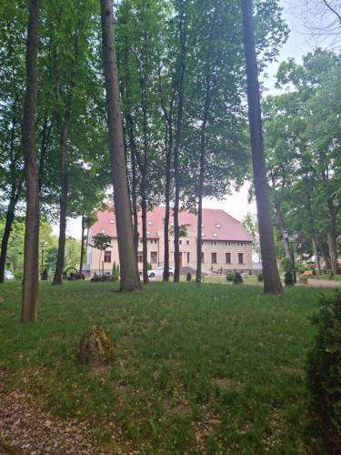 a house in the middle of a field with trees at Pałac Ogartowo in Połczyn-Zdrój