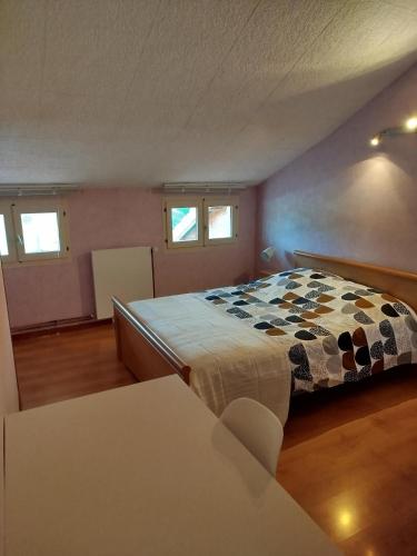 a bedroom with a bed in a room with windows at Le champ Vert in Chamblanc
