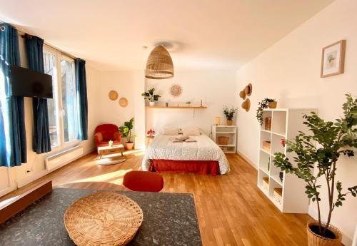 une chambre avec un lit et un salon dans l'établissement Charmant studio proche du théâtre, à Tours