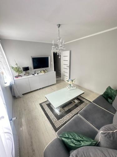 een woonkamer met een bank en een tafel bij Apartament w centrum in Świebodzin