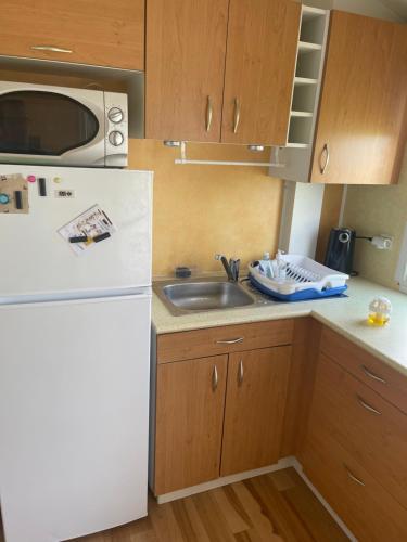 a kitchen with a white refrigerator and a sink at Mobil home 2 chambres tout confort avec terrasse in La Chapelle-sur-Loire