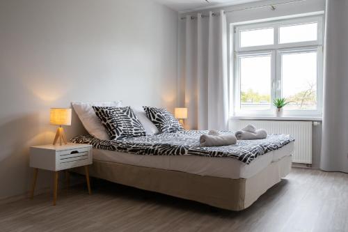 1 dormitorio con cama con almohadas y ventana en Bright apartment by the park & the river, en Wroclaw