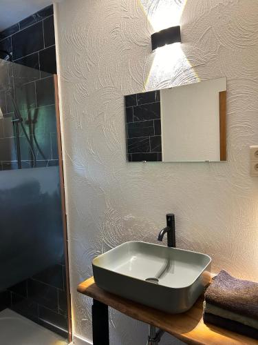 a bathroom with a sink and a shower at Cacele - La croisette 5 appartementen en 6 tweepersoonskamers in Vresse-sur-Semois