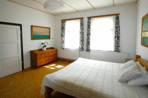 a bedroom with a white bed and two windows at Zelený prostorný aparmán v Českém Ráji in Koberovy