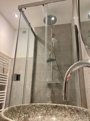 une salle de bain avec douche et lavabo dans l'établissement Appartement au pied des pistes à Chantemerle, à Saint-Chaffrey