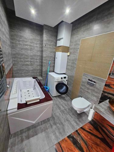 a bathroom with a sink and a toilet in it at Apartament kamienica in Gdynia