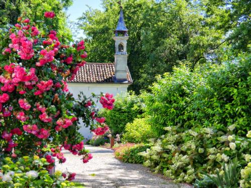 a garden with roses and a church in the background at Villa San Liberale - Suites & Wellness - Villa Veneta in Feltre