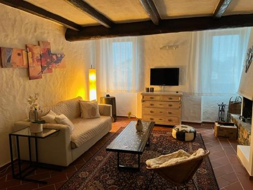 sala de estar con sofá y TV en Caslano: 2.5 Zi-Dachwohnung im rustikalen-modernen Stil, en Caslano