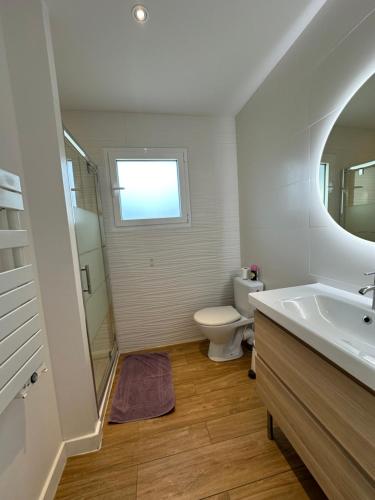 a bathroom with a toilet and a sink and a mirror at Villa MA&VA in Lacanau-Océan
