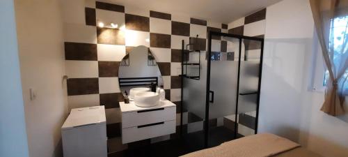 une salle de bain avec un lavabo et un miroir dans l'établissement Appart'Estel 2 pers en campagne avec terrasse et accès piscine, à Tarascon