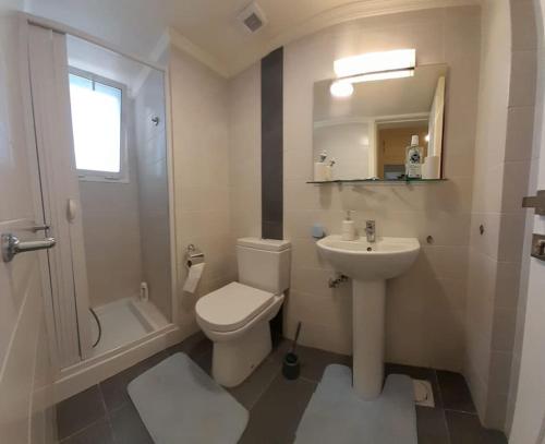 Holiday apartment in zahle with a Panoramic View في زحلة: حمام أبيض مع مرحاض ومغسلة