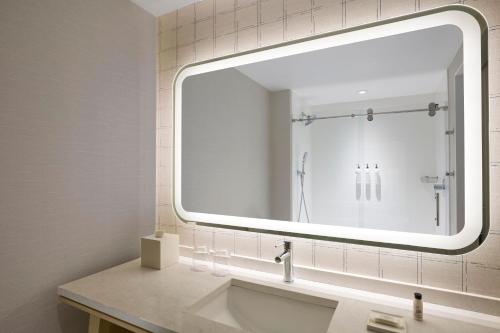 a bathroom with a sink and a large mirror at Delta Hotels by Marriott Toledo in Toledo