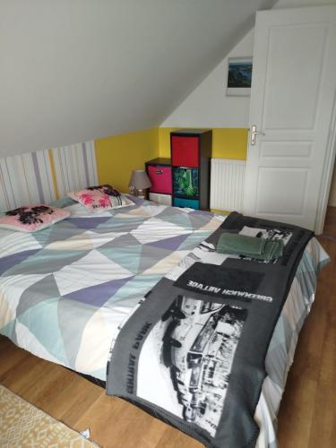 sypialnia z łóżkiem z czarno-białym kocem w obiekcie Chambre jaune avec salle de bain collective w mieście Cluses