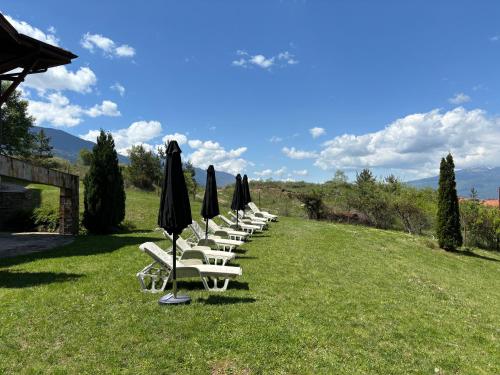 a row of lounge chairs with umbrellas on a field at Panorama Resort Bansko Wellness & Recreation in Bansko