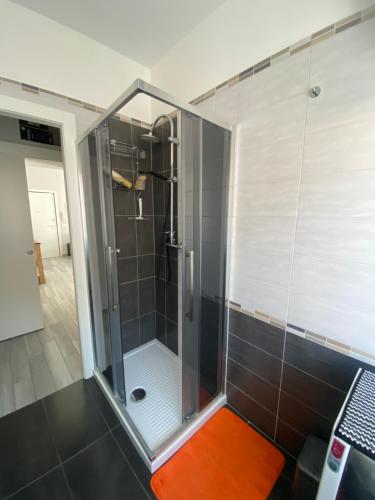 eine Dusche mit Glastür im Bad in der Unterkunft Casa Leo in Reggio nell'Emilia
