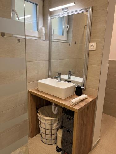 a bathroom with a sink and a mirror at Marton Apartman in Balatonszemes