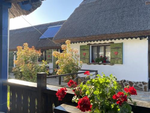 a house with a thatched roof and red flowers at Casa Soarelui in Murighiol
