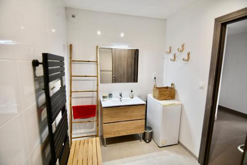 La salle de bains est pourvue d'un lavabo et d'un petit réfrigérateur. dans l'établissement Appartement 60m2 avec piscine privée dans villa, à Oletta