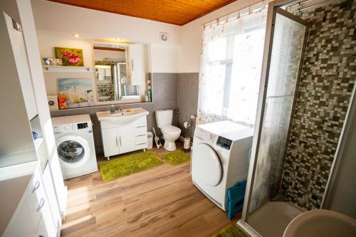 a bathroom with a washing machine and a washer at Gemütliches Haus mit Terasse und Feuerstelle in Lengnau