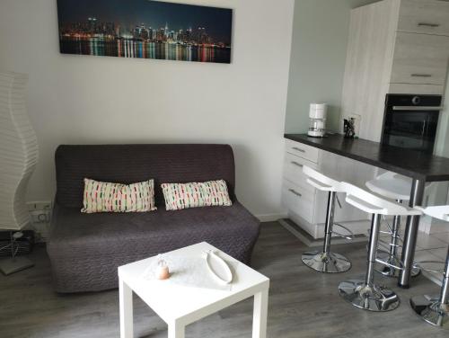sala de estar con sofá y mesa en T1 bis 32 m2 avec terrasse et exposé sud, idéal pour vacances et/ou télétravail, en Vannes