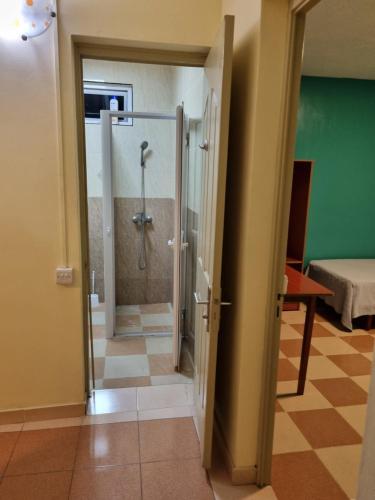 a bathroom with a shower with a glass door at Villa Bungaroo in Pereybere