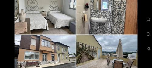 un collage de fotos de un dormitorio y un edificio en Pensión Casa do Gallo Sarria en Sarria