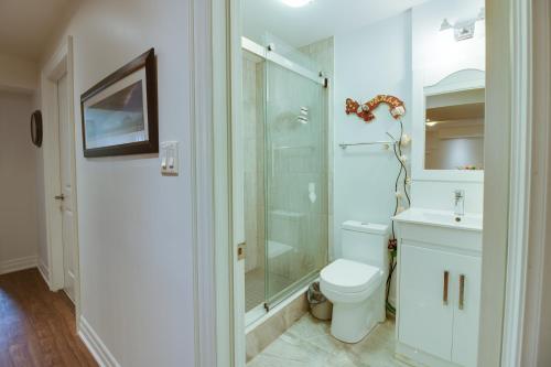 a bathroom with a shower and a toilet and a sink at Large Unit with free parking, Wifi, 25 minutes to Downtown Toronto in Toronto