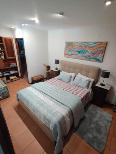 1 dormitorio con 1 cama y una pintura en la pared en Sossego na cidade en Viseu