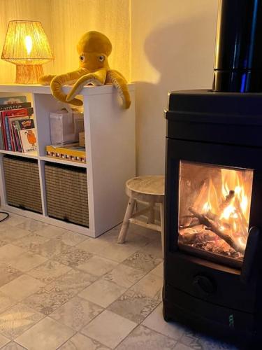 un animal en peluche se tient sur un comptoir à côté d'une cheminée dans l'établissement Moun Cantounet, authentique baraquette avec vue imprenable, à Sète