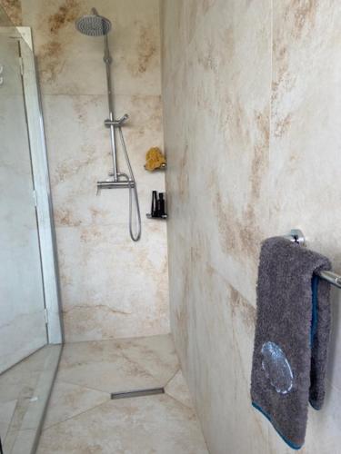 a bathroom with a shower with a towel on a wall at Attico Sabbia D'oro - V Apartments in Gallipoli
