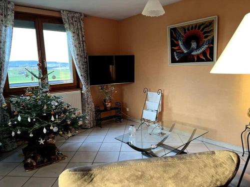 a living room with a glass table and a christmas tree at La maison de Louise in Bians-les-Usiers
