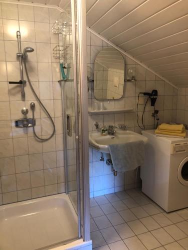een badkamer met een douche, een wastafel en een toilet bij Gästehaus Lumesberger in Grein
